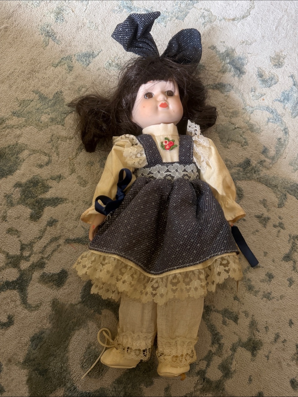 Girls Navy Blue and Cream Lace Pinafore Dress Set porcelain doll